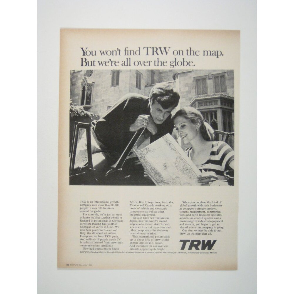 TRW International Growth Company Map on Globe ADVERT 1960s Vintage Print Ad